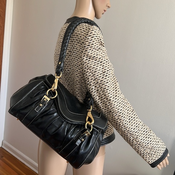 La Gioe Di Toscana Shoulder Handbag Black Gold Snake Embossed Leather - Picture 4 of 16